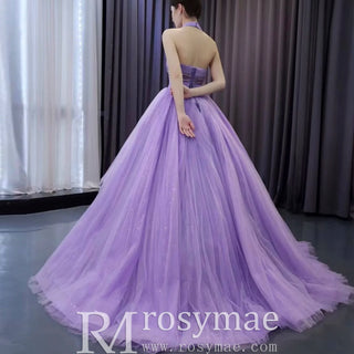 Lavender Sparkly Ruffle Wedding Gown Halter Neck Quinceanera Dress