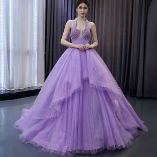 Lavender Sparkly Ruffle Wedding Gown Halter Neck Quinceanera Dress