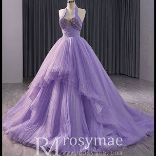 Lavender Sparkly Ruffle Wedding Gown Halter Neck Quinceanera Dress