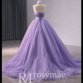 Lavender Sparkly Ruffle Wedding Gown Halter Neck Quinceanera Dress