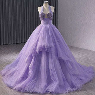 Lavender Sparkly Ruffle Wedding Gown Halter Neck Quinceanera Dress