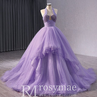 Lavender Sparkly Ruffle Wedding Gown Halter Neck Quinceanera Dress