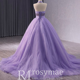 Lavender Sparkly Ruffle Wedding Gown Halter Neck Quinceanera Dress