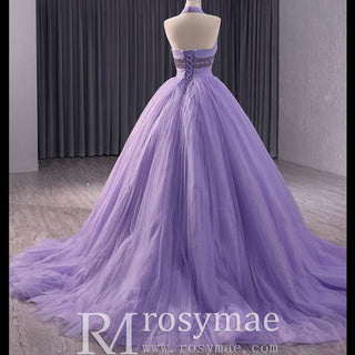 Lavender Sparkly Ruffle Wedding Gown Halter Neck Quinceanera Dress