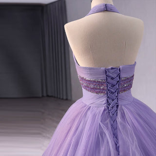 Lavender Sparkly Ruffle Wedding Gown Halter Neck Quinceanera Dress