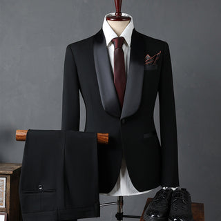 Black Korean Style Slim Fit Wedding Groomsman Men's Suit Set