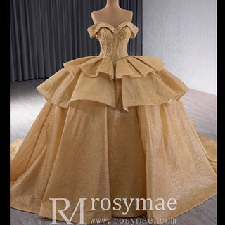 Champange Wedding Gowns Ruffled Off the Shoulder Quince Dress