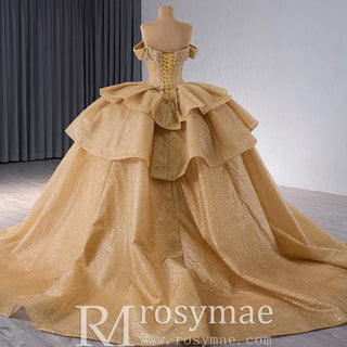 Champange Wedding Gowns Ruffled Off the Shoulder Quince Dress