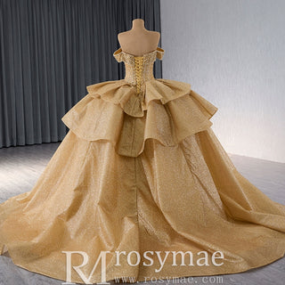 Champange Wedding Gowns Ruffled Off the Shoulder Quince Dress