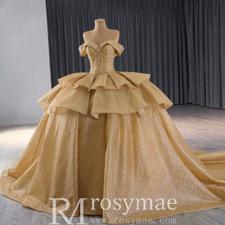 Champange Wedding Gowns Ruffled Off the Shoulder Quince Dress