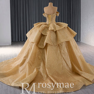 Champange Wedding Gowns Ruffled Off the Shoulder Quince Dress