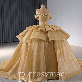 Champange Wedding Gowns Ruffled Off the Shoulder Quince Dress