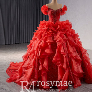 Ruffle Red Quinceanera Dress Sequined Evening Gown with Off the Shoulder