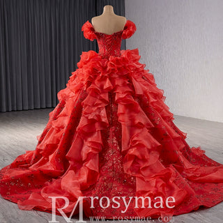 Ruffle Red Quinceanera Dress Sequined Evening Gown with Off the Shoulder