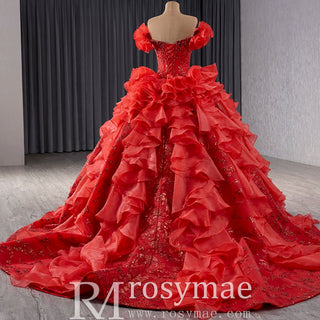 Ruffle Red Quinceanera Dress Sequined Evening Gown with Off the Shoulder