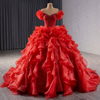 Ruffle Red Quinceanera Dress Sequined Evening Gown with Off the Shoulder