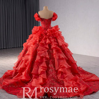 Ruffle Red Quinceanera Dress Sequined Evening Gown with Off the Shoulder