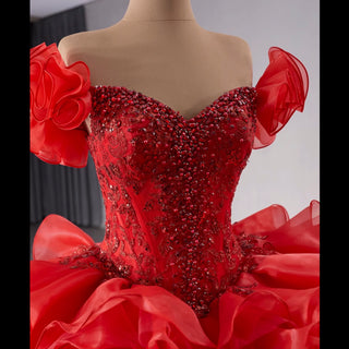 Ruffle Red Quinceanera Dress Sequined Evening Gown with Off the Shoulder