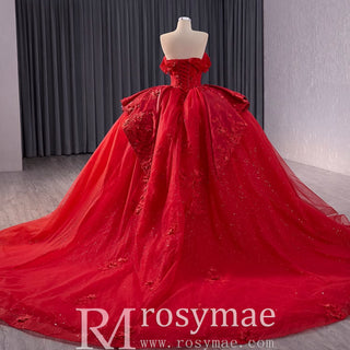 Red Sparkly Wedding Gown with Overskirt Off Shoulder Quinceanera Dress