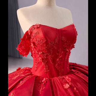 Red Sparkly Wedding Gown with Overskirt Off Shoulder Quinceanera Dress