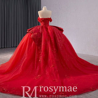 Red Sparkly Wedding Gown with Overskirt Off Shoulder Quinceanera Dress