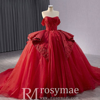 Red Sparkly Wedding Gown with Overskirt Off Shoulder Quinceanera Dress