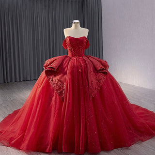 Red Sparkly Wedding Gown with Overskirt Off Shoulder Quinceanera Dress