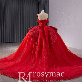 Red Sparkly Wedding Gown with Overskirt Off Shoulder Quinceanera Dress