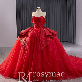 Red Sparkly Wedding Gown with Overskirt Off Shoulder Quinceanera Dress