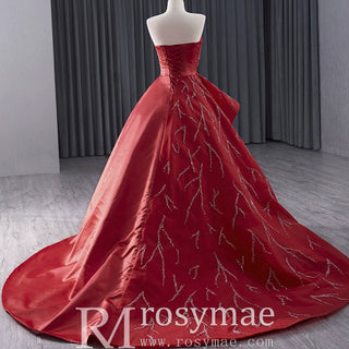 High-end Red Beading Prom Dress Asymmetrical Neck Formal Gown