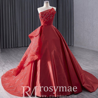 High-end Red Beading Prom Dress Asymmetrical Neck Formal Gown