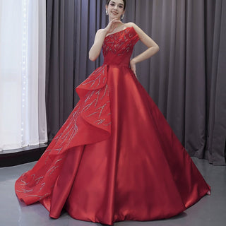 High-end Red Beading Prom Dress Asymmetrical Neck Formal Gown