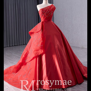 High-end Red Beading Prom Dress Asymmetrical Neck Formal Gown