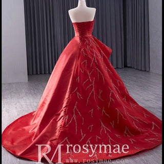 High-end Red Beading Prom Dress Asymmetrical Neck Formal Gown