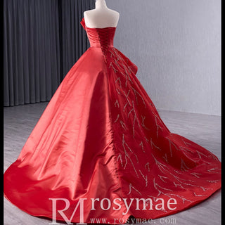 High-end Red Beading Prom Dress Asymmetrical Neck Formal Gown