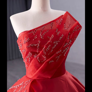 High-end Red Beading Prom Dress Asymmetrical Neck Formal Gown