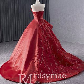 High-end Red Beading Prom Dress Asymmetrical Neck Formal Gown