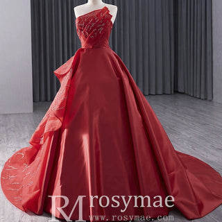 High-end Red Beading Prom Dress Asymmetrical Neck Formal Gown