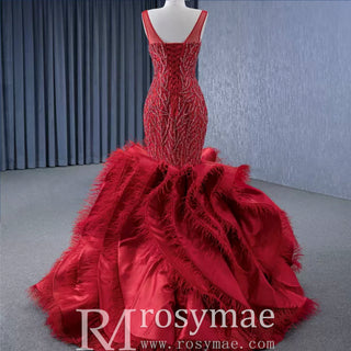 Red Mermaid Beading Evening Dress Feathers Ruffles Party Dress