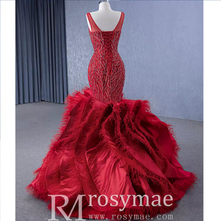 Red Mermaid Beading Evening Dress Feathers Ruffles Party Dress