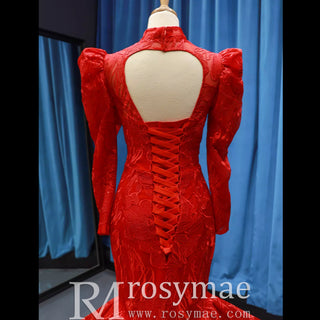 Vestidos de fiesta de encaje de sirena rojo brillante con mangas largas