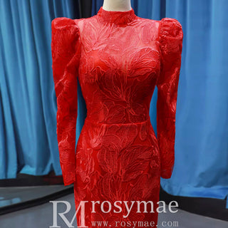 Sparkly Red Mermaid Lace Prom Dresses with Long Sleeves
