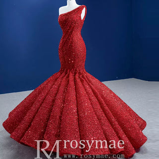 Red One Shoulder Luxury Evening Dress Sequins Trumpet For Women Party