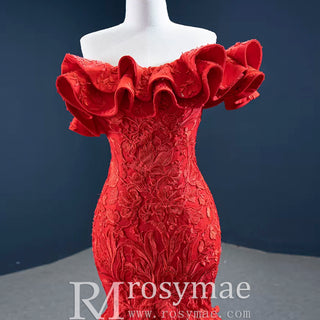 Red Mermaid Satin Off the Shoulder Appliques Ruffles Prom Dress