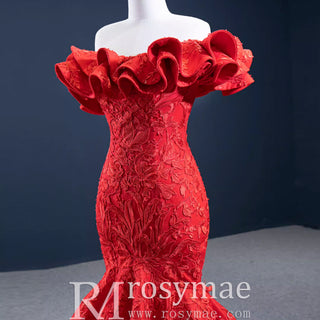 Red Mermaid Satin Off the Shoulder Appliques Ruffles Prom Dress
