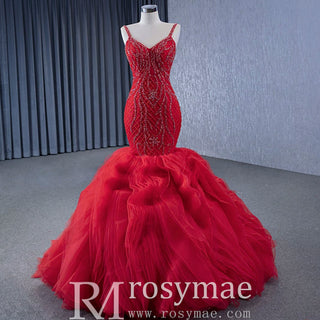 Charming Organza Mermaid Evening Dress SRuffles Long Prom Dress