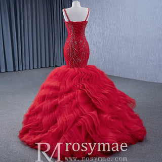 Charming Organza Mermaid Evening Dress SRuffles Long Prom Dress