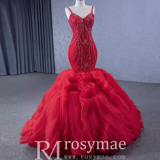 Charming Organza Mermaid Evening Dress SRuffles Long Prom Dress