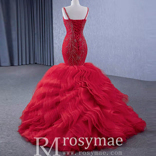 Charming Organza Mermaid Evening Dress SRuffles Long Prom Dress