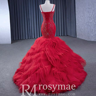 Charming Organza Mermaid Evening Dress SRuffles Long Prom Dress